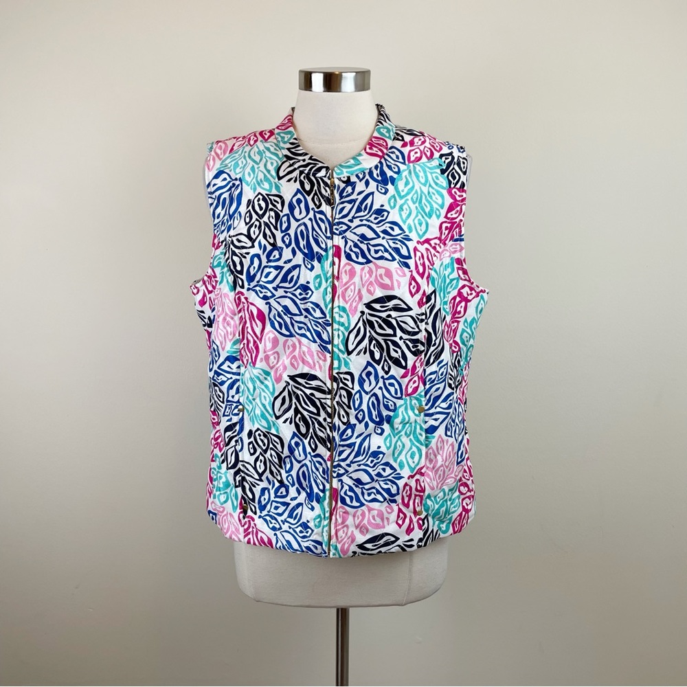Cappagallo Blue White Pink Floral Full Zip Vest Women Size Large Preppy Fun
